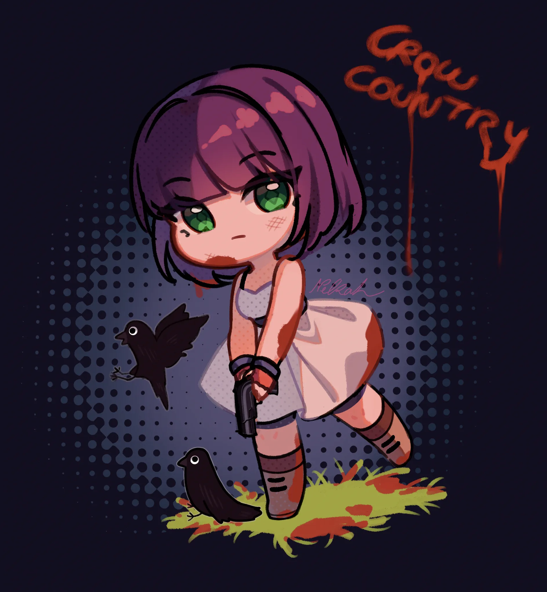 Chibi girl from Crowcountry with knife and crows
